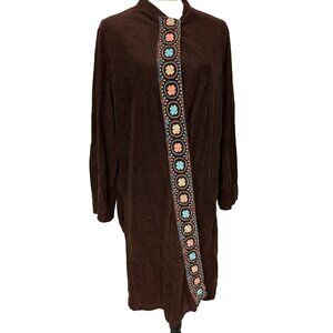 Vintage Womens Robe House Coat Lounge Brown With Embroidered Multicolor Trim L